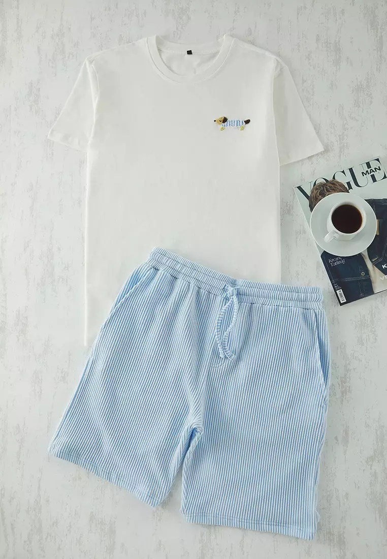 Blue Unisex Ecru Regular Fit Dog Embroidered Striped Knitted Pajama Set TMNSS25PT00007