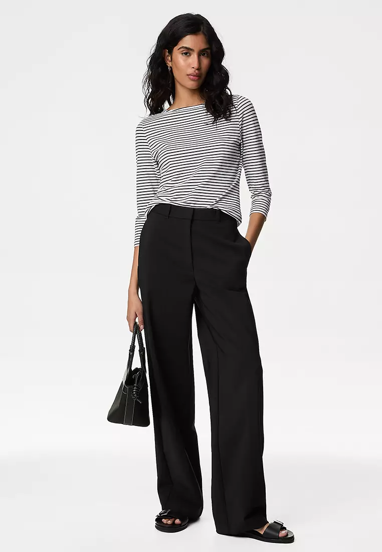 Cotton Blend Wide Leg Chinos