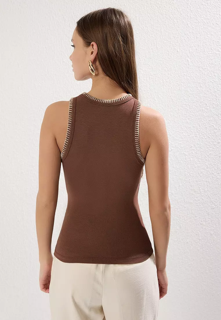 Brown Contrast Sewing Detailed Fitted Ribbed Stretch Knit Undershirt