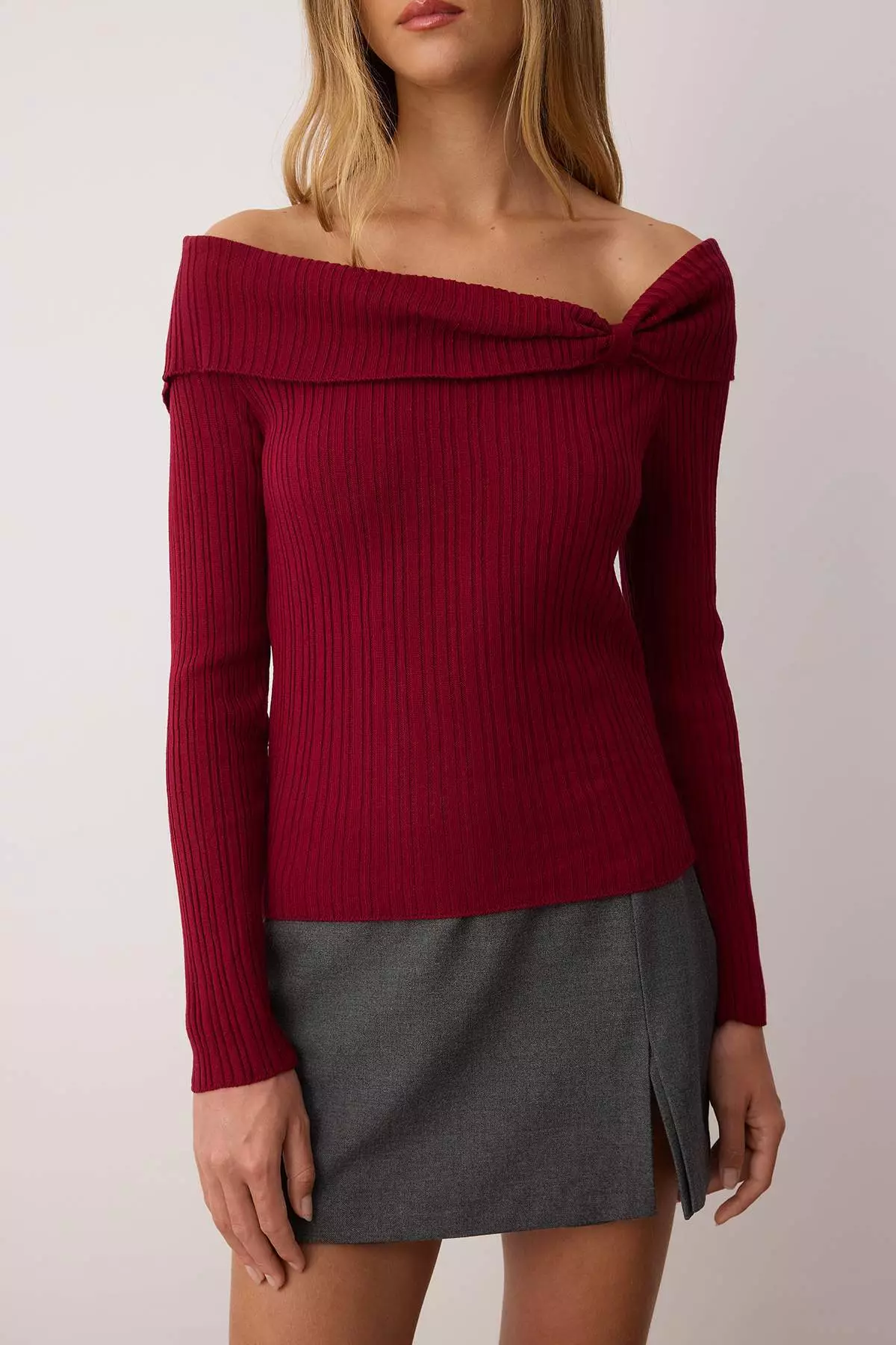 Burgundy Carmen Collar Block Fitted/Slim Fit Sweater