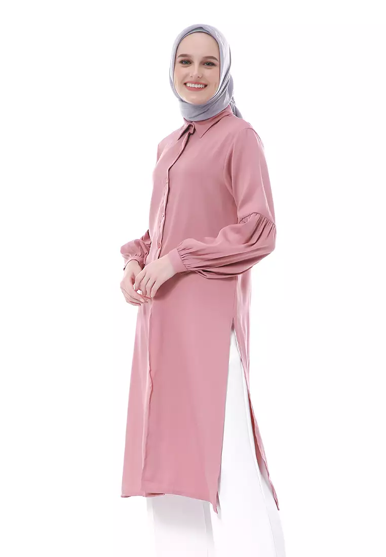 Syabilla Tunik Muslimah Wanita Long Sleeve Motif Polos Regular Fit - Dustypink