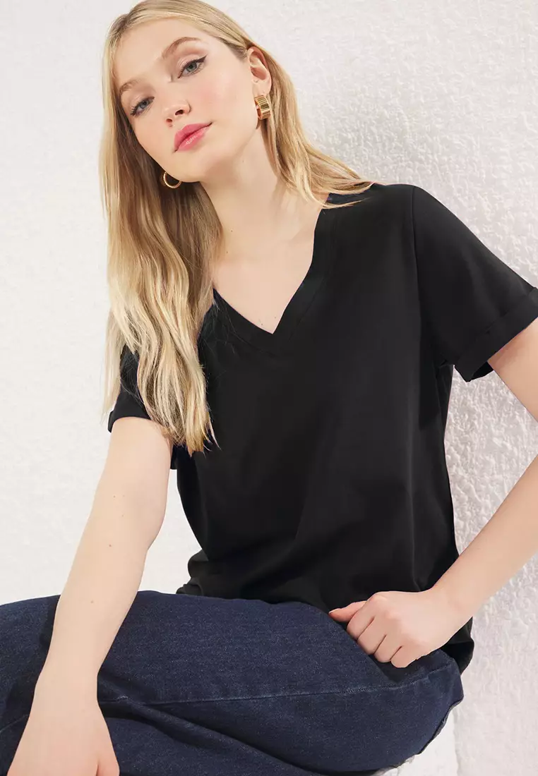 Black V Neck Short Sleeve Regular/Basic Knitted T-Shirt