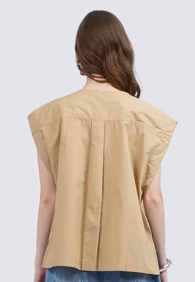 Round Neck Short Sleeve Blouse KHAKI