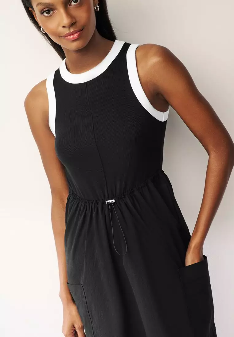 Woven Mix Cargo Ribbed Tank Dress