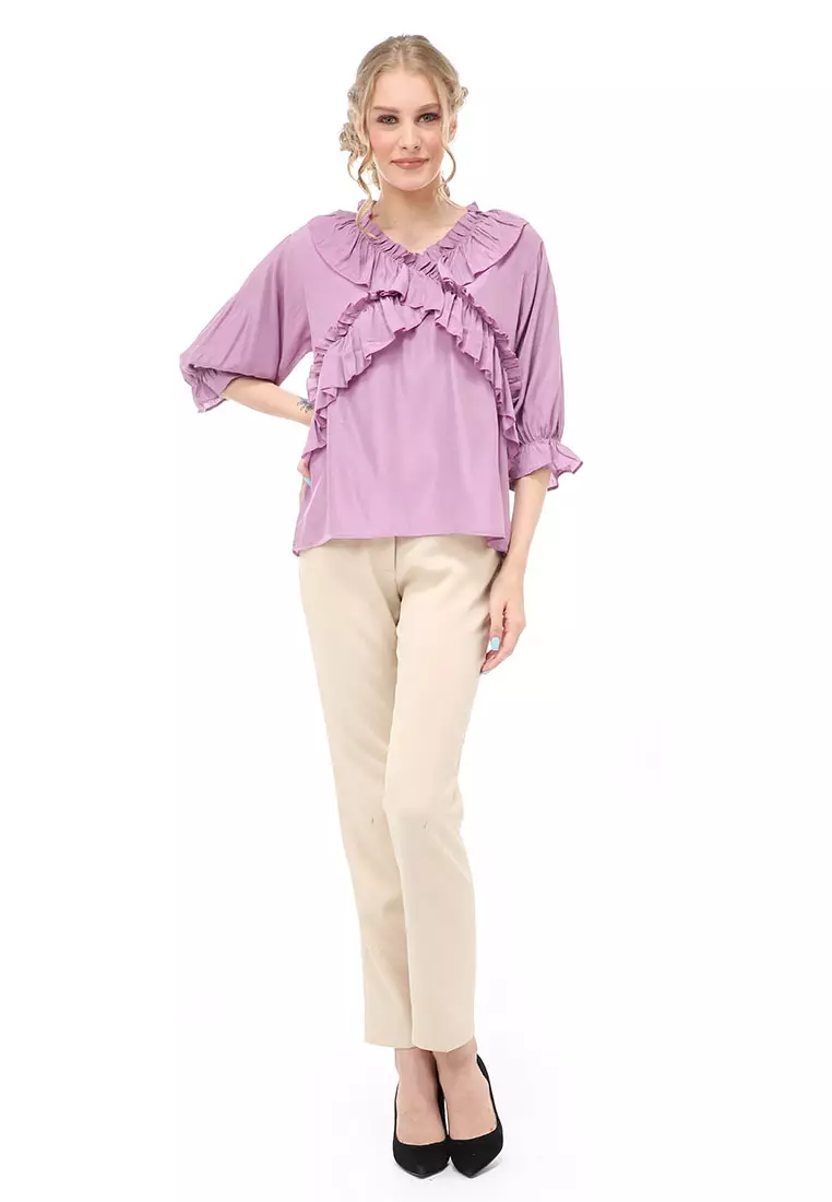 Cheva Blouse Atasan Kasual Wanita Long Sleeve Pita Depan Staylish Material Cotton ORIGINAL - Dark Purple
