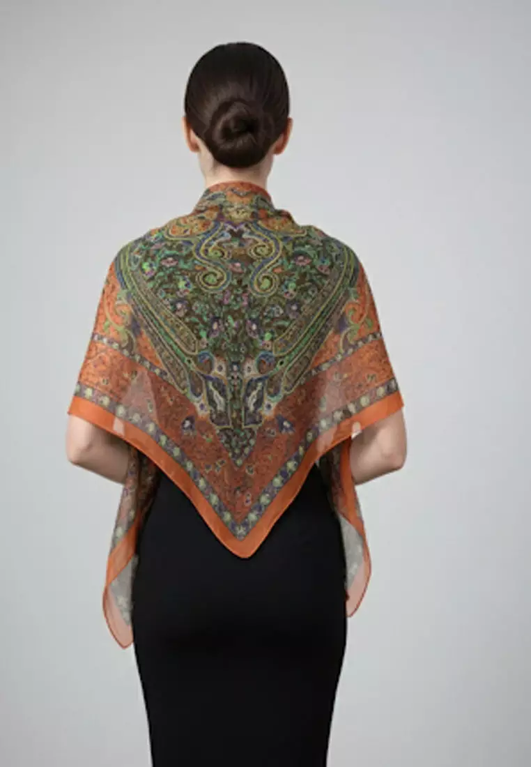 Aksesoris Wanita Paisley Printed Chiffon Large Square Scarf Segi Empat Besar Orange & Multi