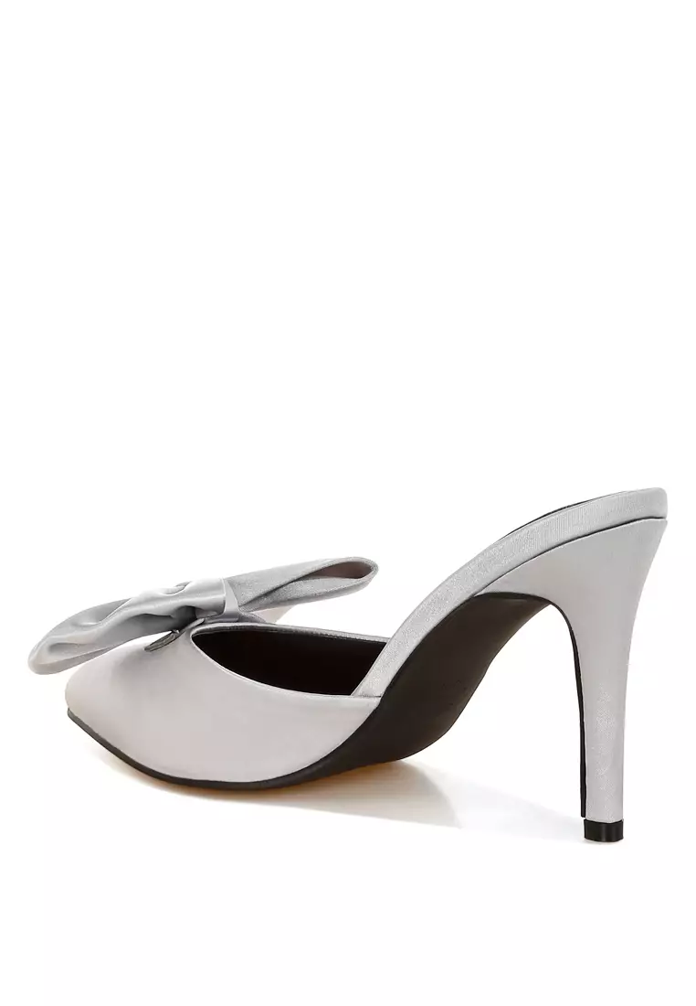 Bow Detail Stiletto Mules In Silver