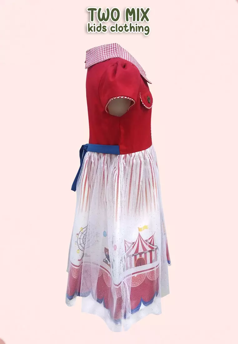 Two Mix Dress Anak Perempuan Lebaran - Gaun Anak Cewek Raya 1-12 Tahun Y891 Merah