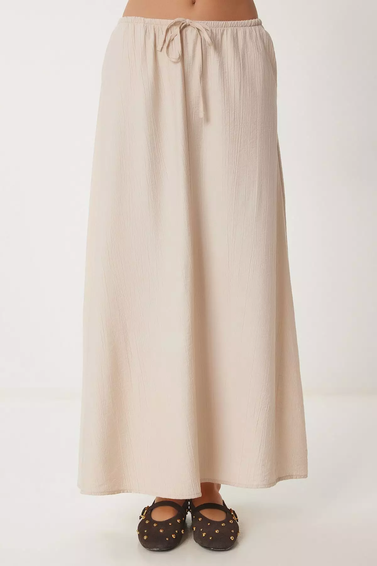 Wrinkled Effect Summer Flared Woven Skirt