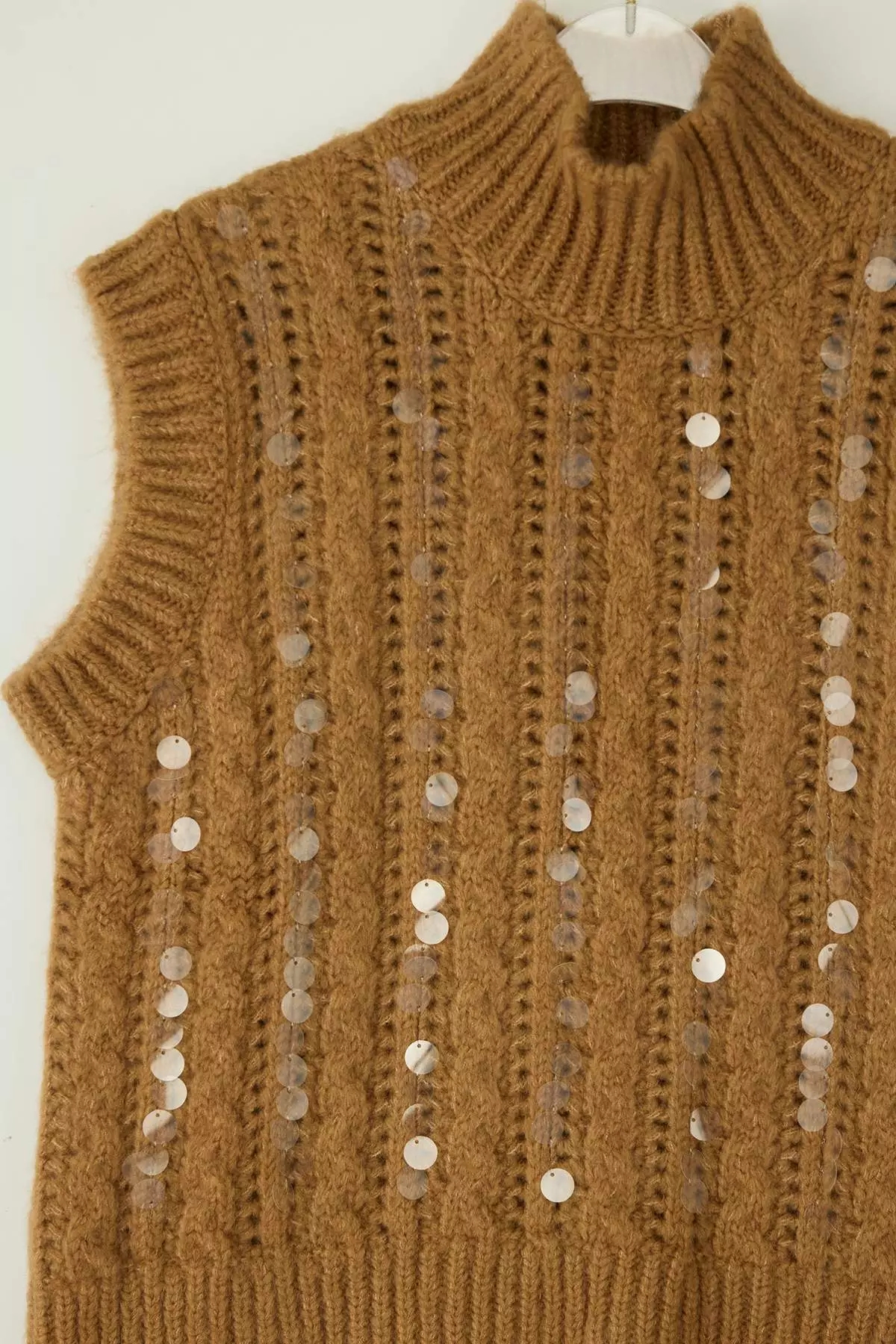 Camel Soft Textured Sequin Embroidered Knitwear Sweater