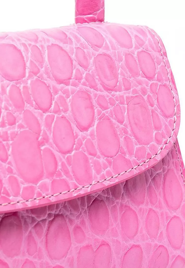 Mini Circular Croco Embossed Leather Shoulder Bag in Fuchsia