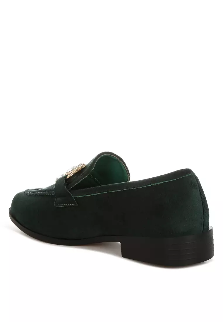Sepatu Loafer Horsebit Berhias Berlian Imitasi Warna Hijau