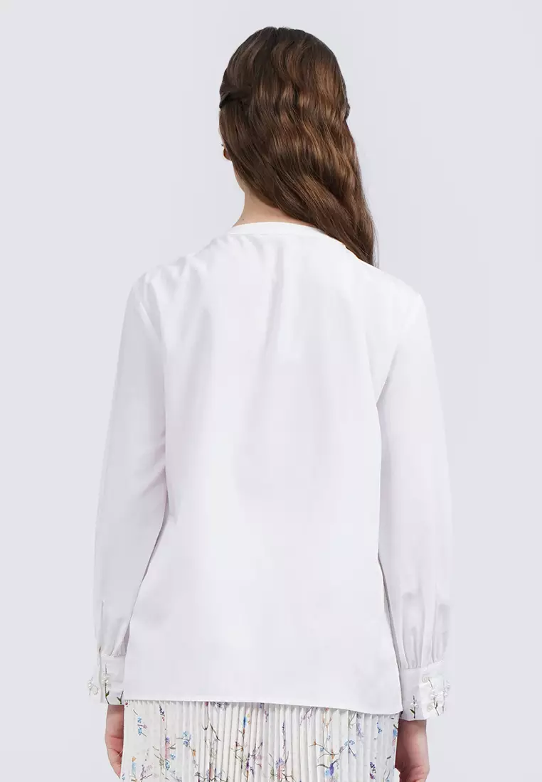 Long Sleeve Blouse with Pleated Front OFF WHITE