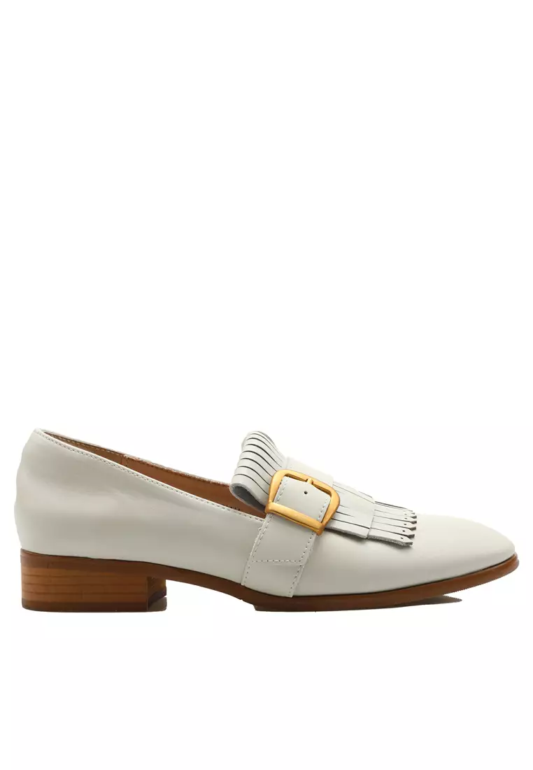 White loafers gold buckle hot sale