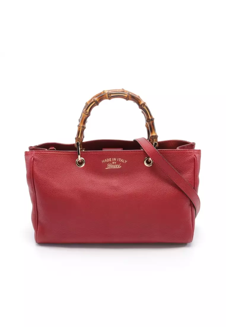 Pre-loved GUCCI Bamboo shopper Medium Handbag tote bag leather Red 2WAY