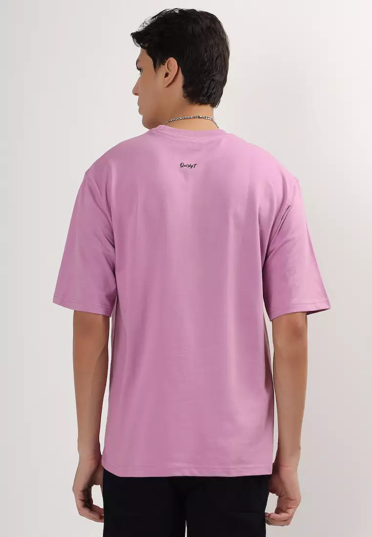 骷髅火焰图案薰衣草色棉质宽松T恤/T恤，男女通用运动服，圆领，短袖