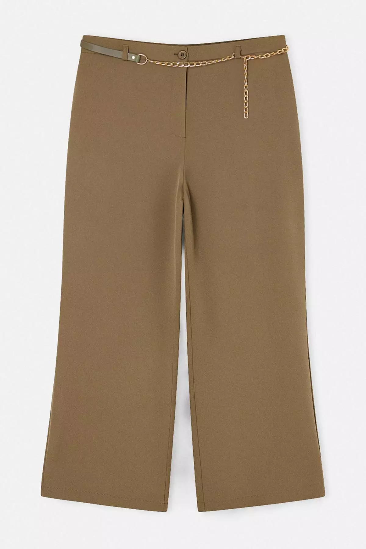 Khaki High Waist Pipe Leg Accessory Detailed Plus Size Woven Trousers Tbbss26Ar00015
