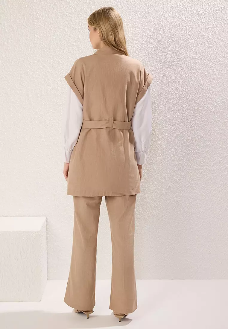 Camel Linen Look Belt Detail Vest-Pants Woven Bottom-Top Set TCTSS25US00025
