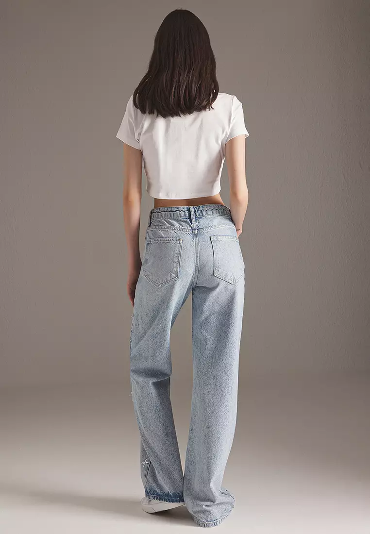 Blue Ribbon/Bow Detailed Stoned Normal Waist Wide Leg Jeans TWOSS25JE00234