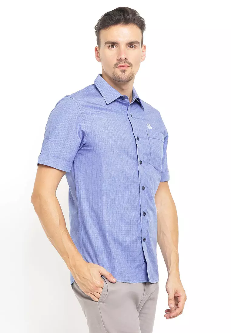 Johnwin - Slim Fit - Kemeja Casual Active - Kotak Halus - Biru - Free Keychain