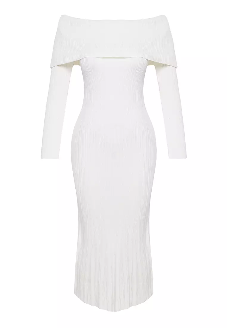 Carmen Collar Ecru Midi Knitwear Dress