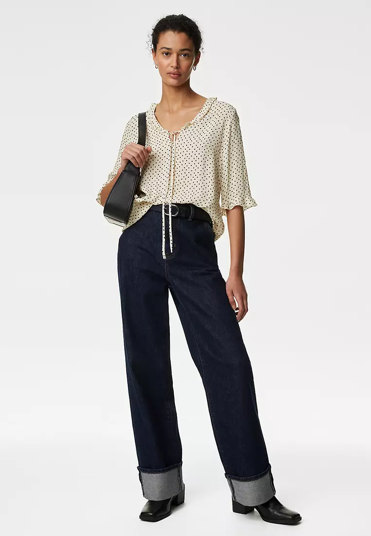 Polka Dot V-Neck Frill Detail Blouse