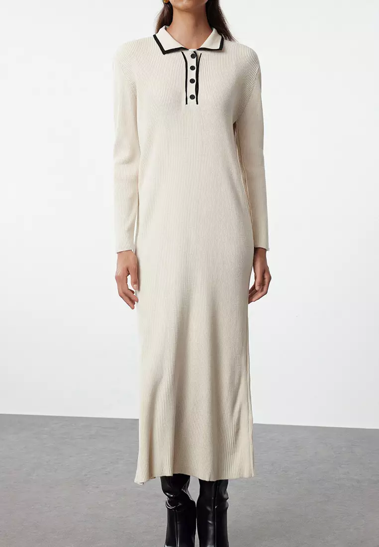 Stone Polo Buttoned Collared Knitted Dress Tctaw25Eb00044
