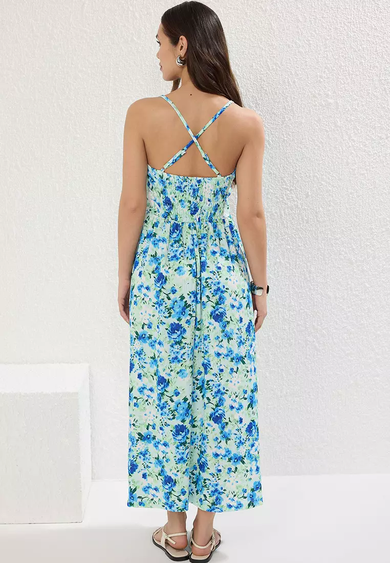 Blue Floral Printed Strappy V Neck Pleated Skirt Flounce Ribbed Flexible Maxi Knit Dress Twoss25El00239