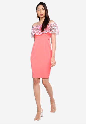 Buy Paper Dolls Pedley Coral Lace Bardot Bodycon Dress Zalora Hk