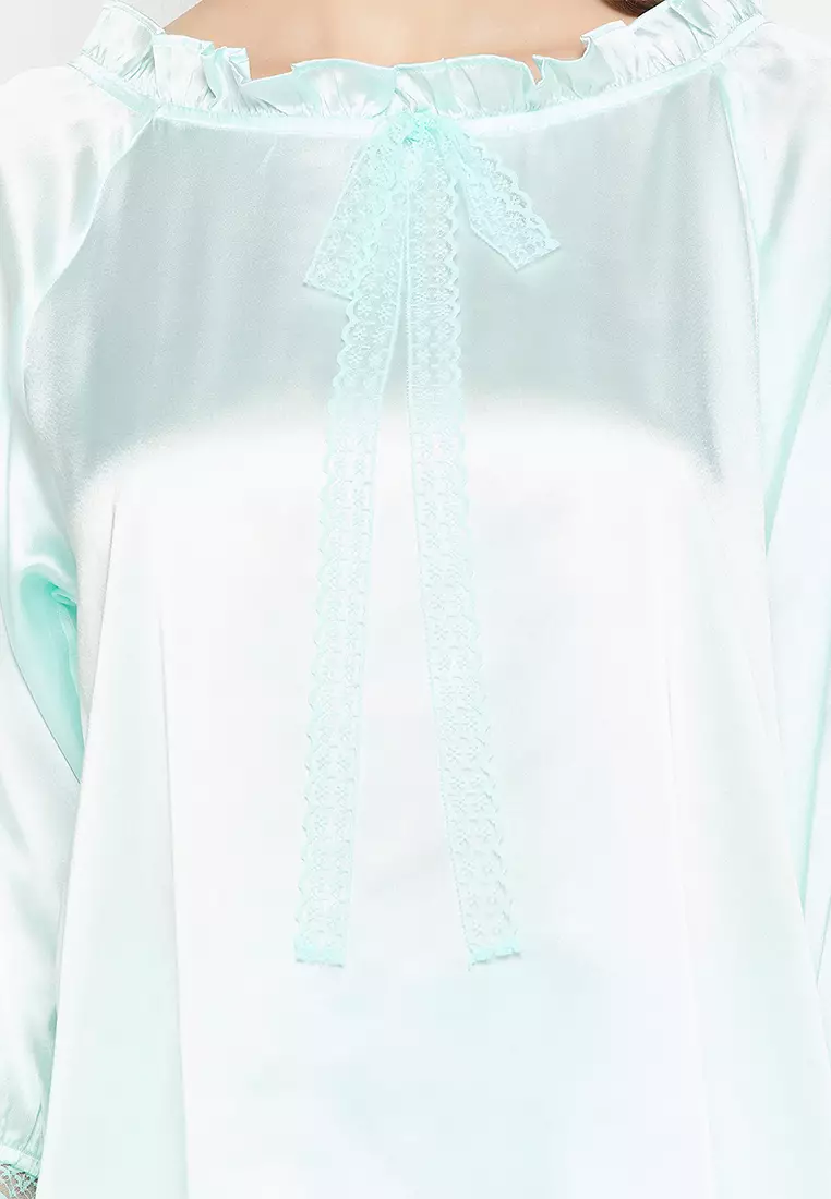 Clovia Chic Basic Top & Pyjama Set in Baby Blue - Satin