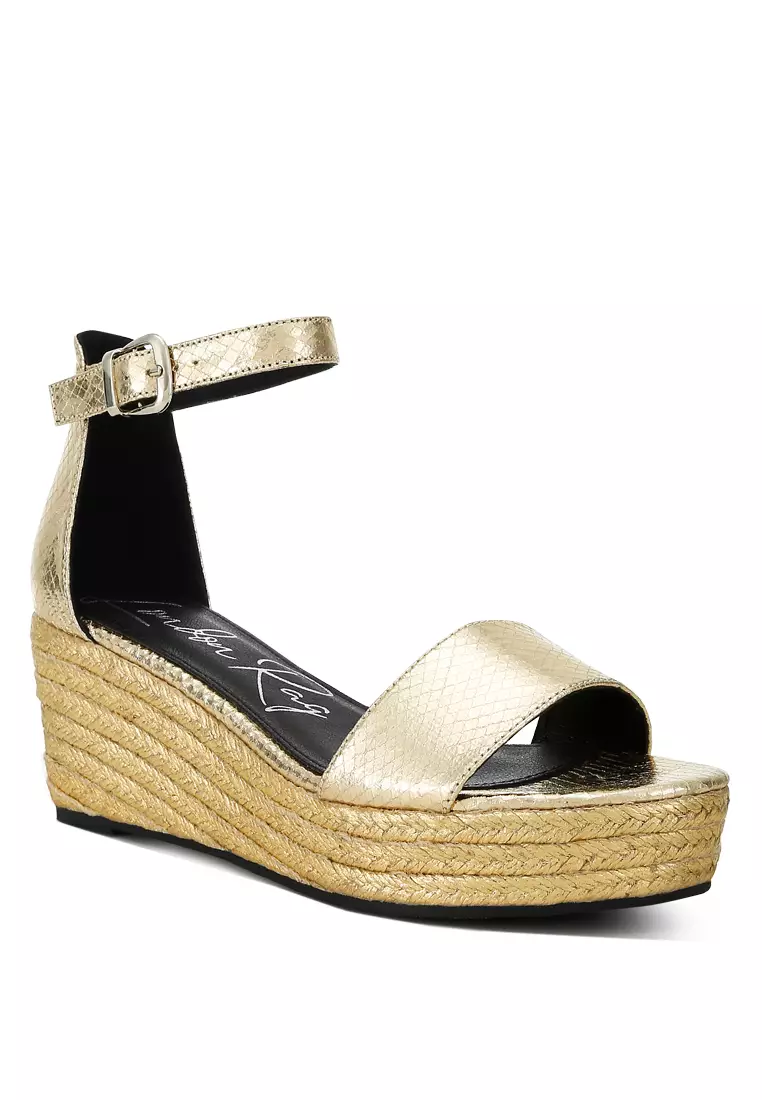 Espadrilles Wedge Ular Kulit Imitasi Emas