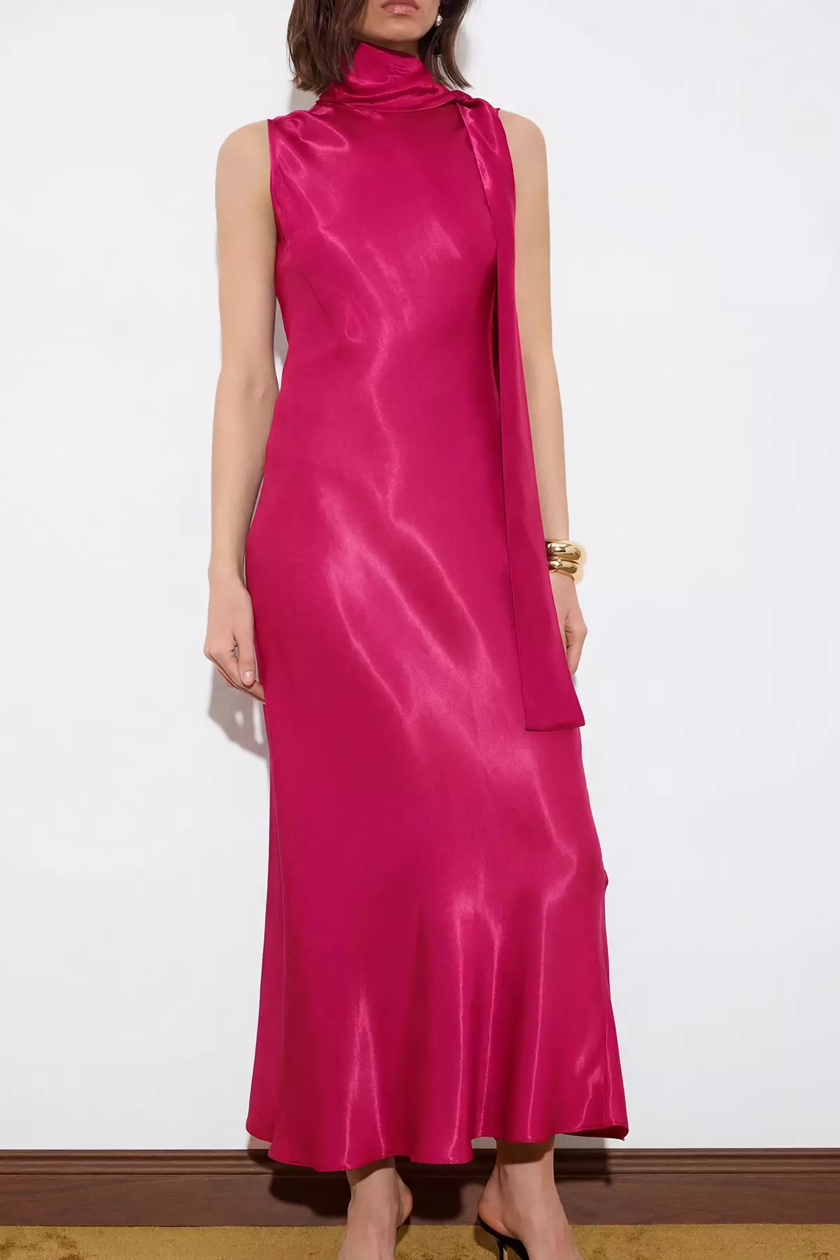Fuchsia Plain Woven Satin Midi Unlined Stylish/Evening Dress