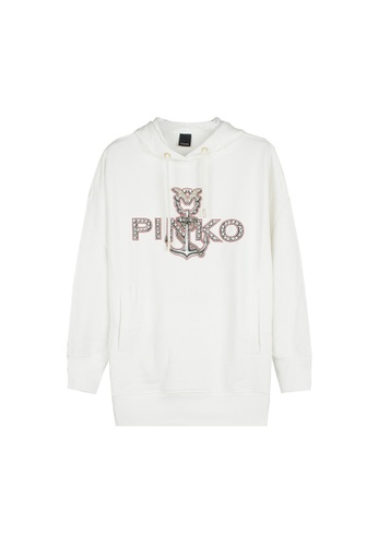 Pinko white Pinko pearl diamond love birds logo ladies hooded sweater 04412AA0D6DDF3GS_1