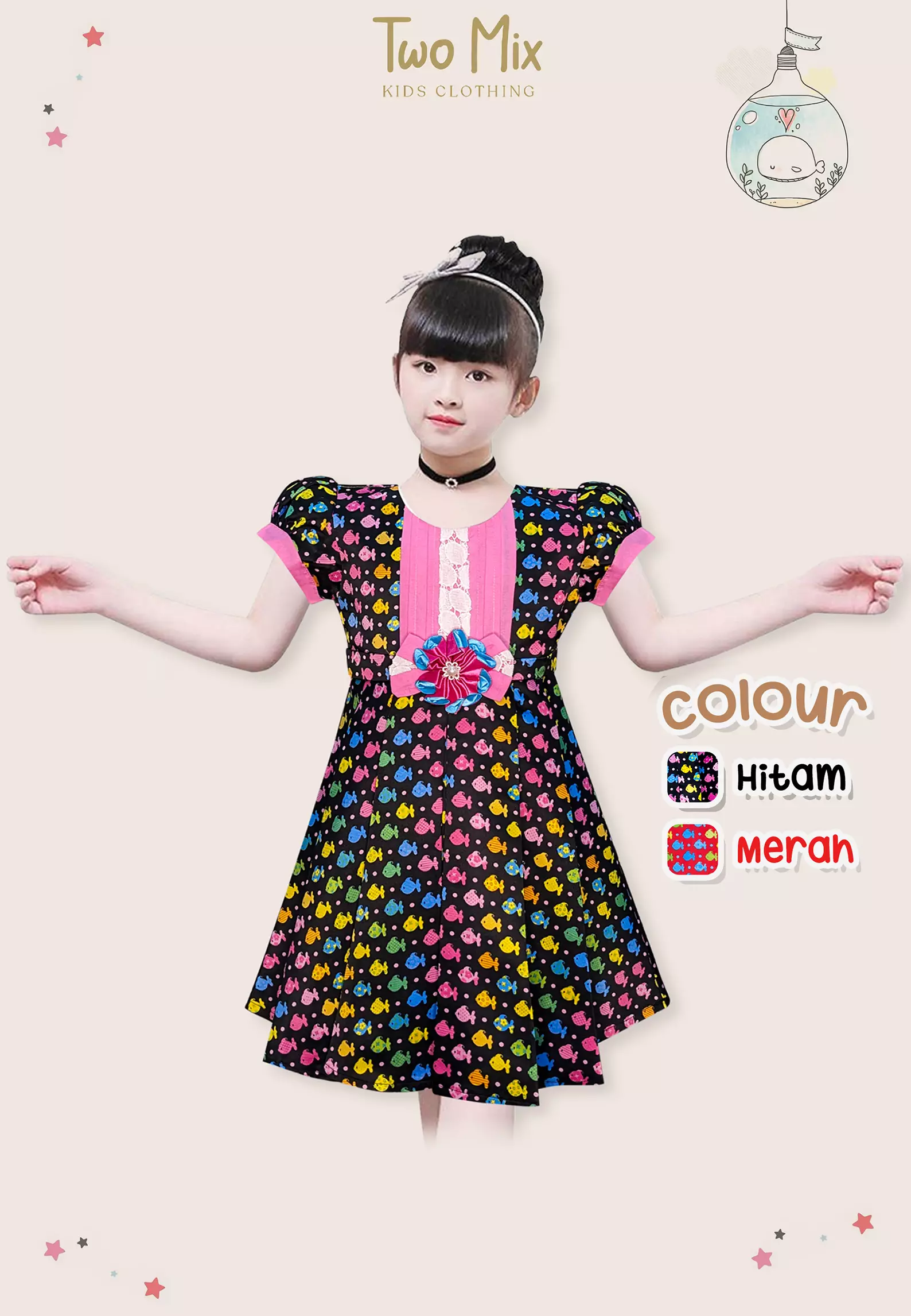 Two Mix Baju Anak Perempuan - Dress Anak Cantik Bahan Satin Usia 1-8 Tahun Y851 Hitam