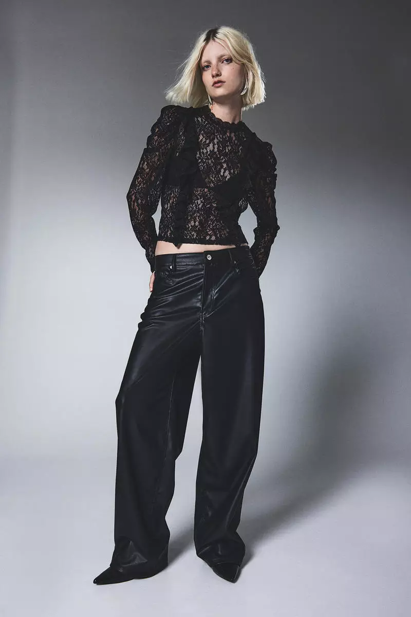 Frill-trimmed puff-sleeved lace top