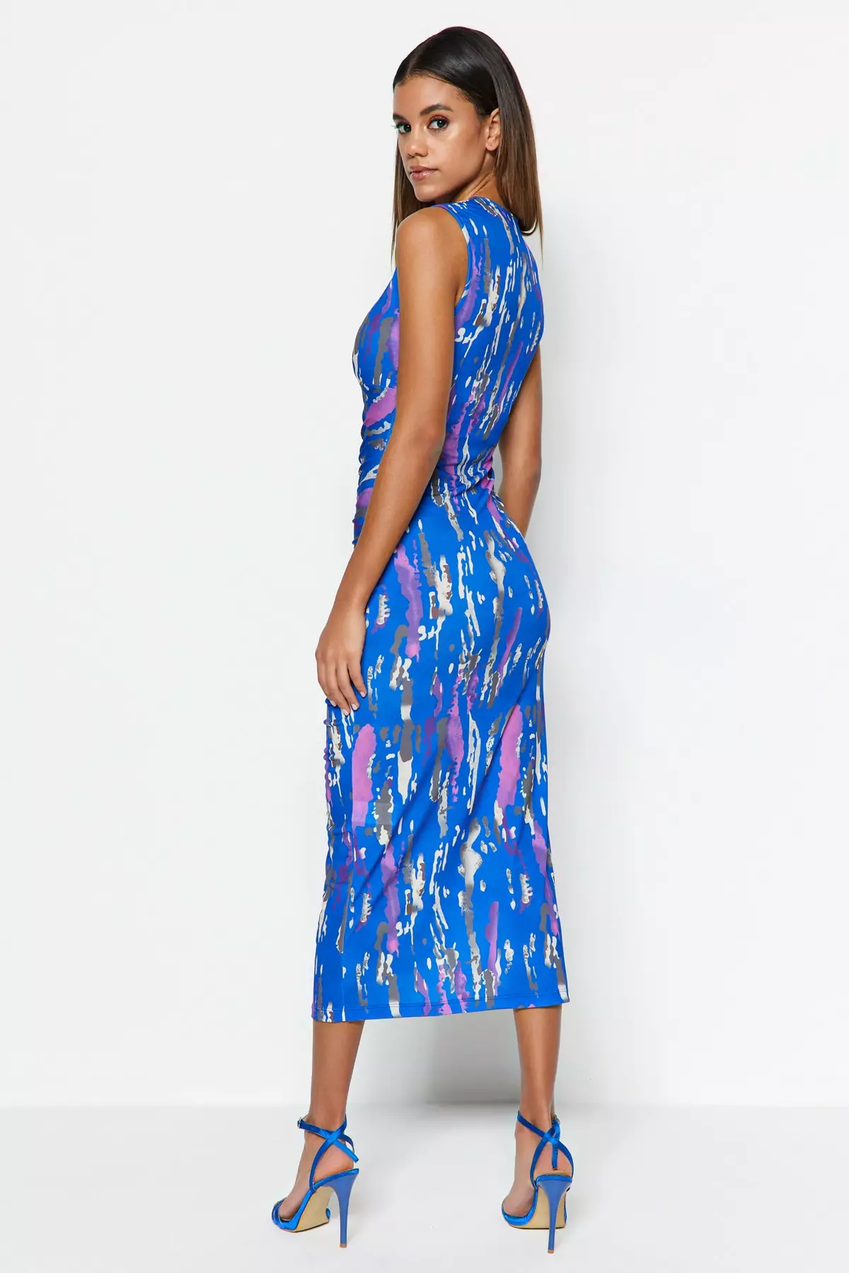 Printed Knitted Midi Dress with Shirring