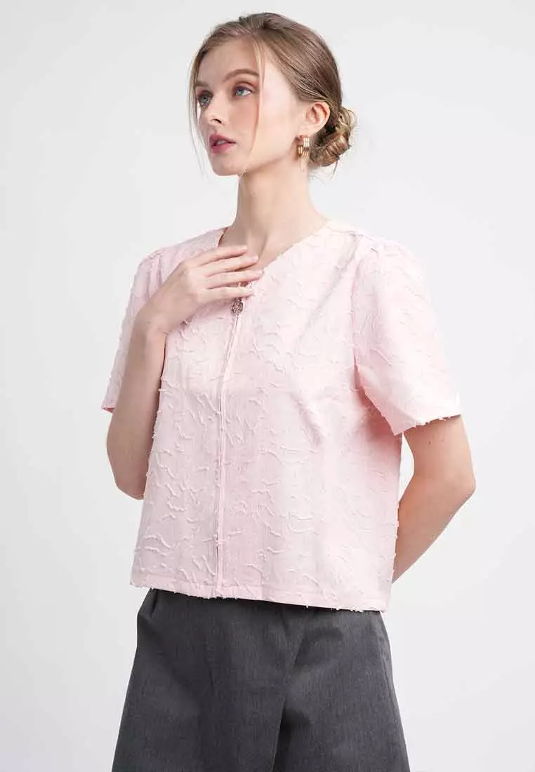 Sola Textured Zip-Front Blouse with Puff Sleeves