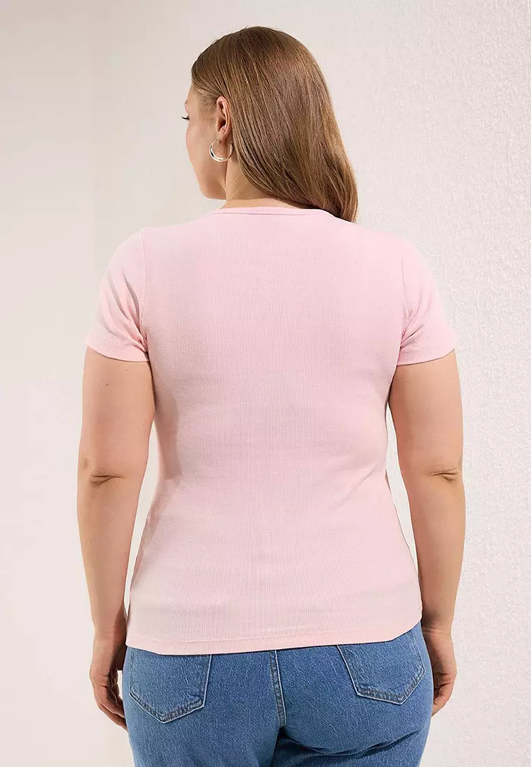 Pink Button Detailed Fitted Cord Knitted Large Size Blouse Tbbss25Af00060