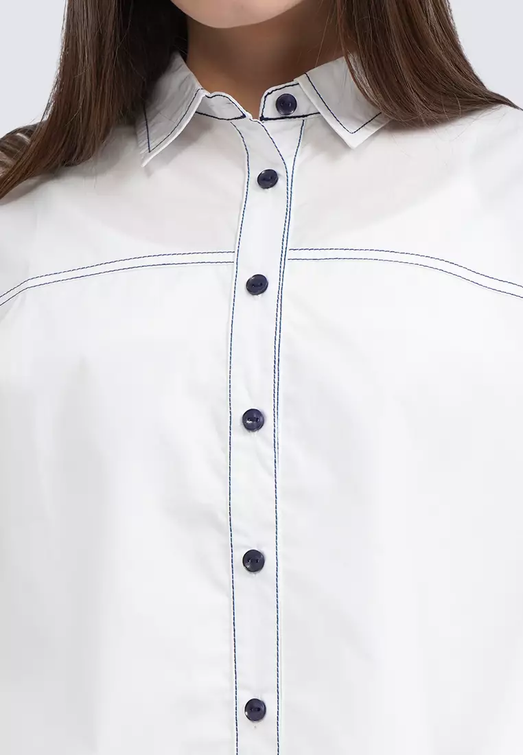 Contrast Stitch Long Sleeve Blouse OFF WHITE