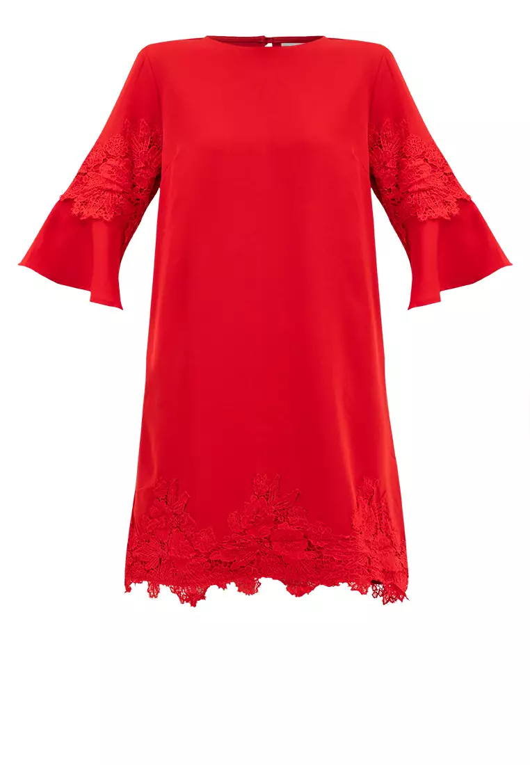 Caran Flounce Sleeves Dress with Lace