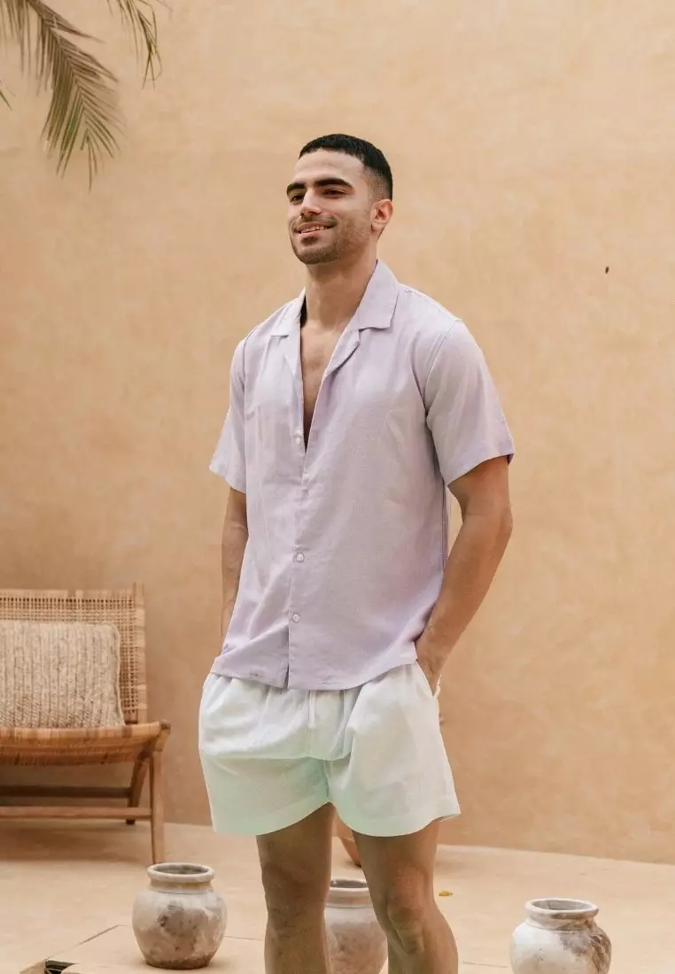Acadia Kemeja Linen Lengan Pendek Pria Ungu Muda | Linen Short Sleeve Shirt Men Lilac