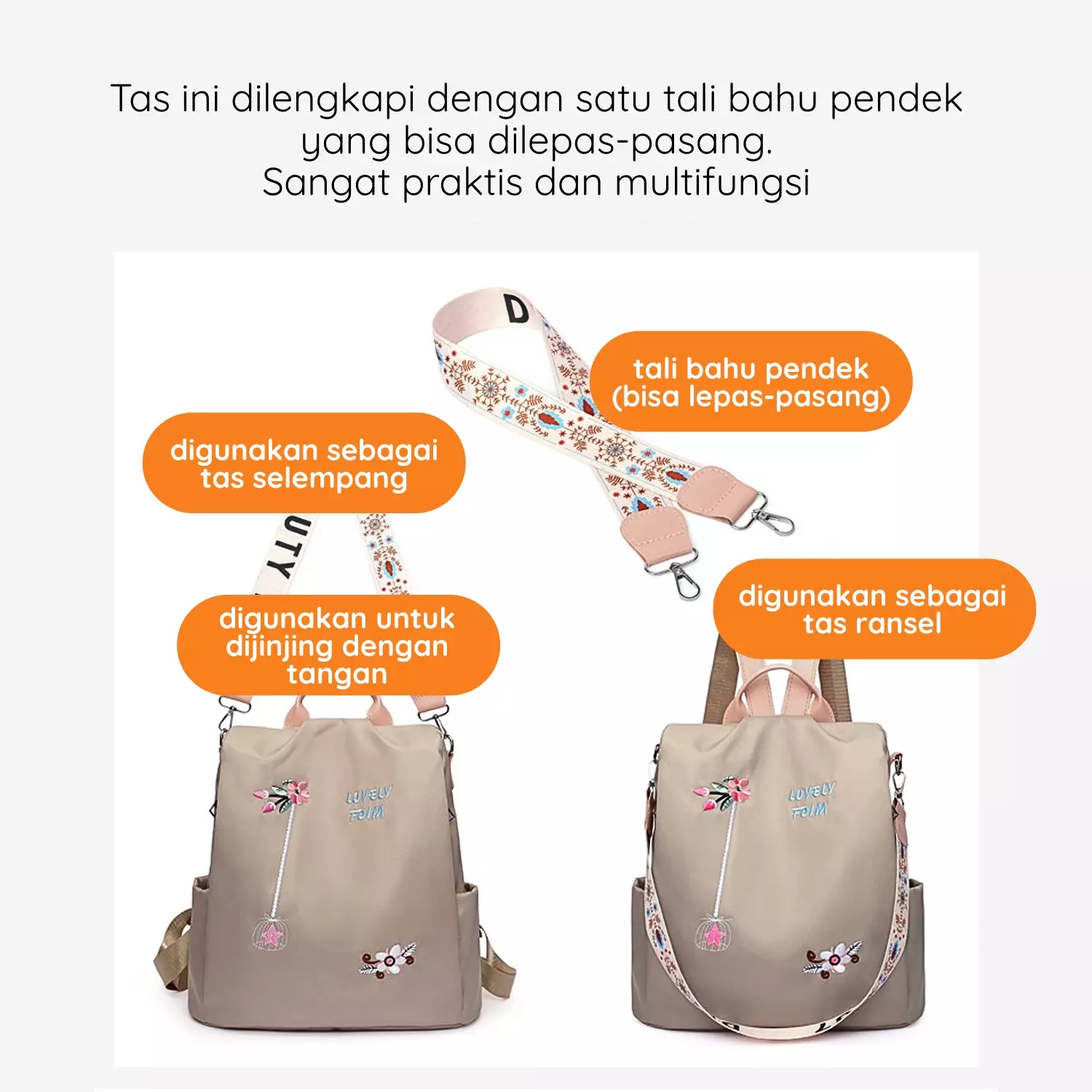 Wakakids Tas Backpack Wanita 2in1 Ransel dan Selempang Lovely Flowers Anti Maling dan Air Venrz Navy