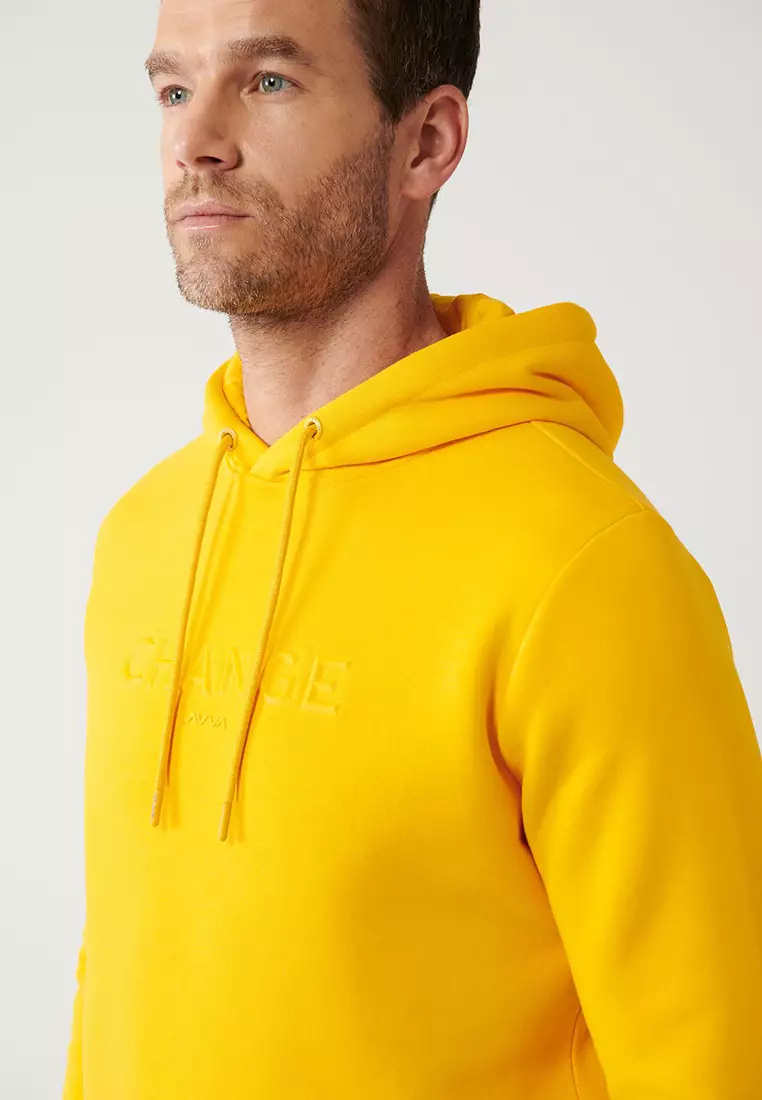 Men's Yellow Hooded 3 Thread Raised Printed Sweatshirt A32Y1240