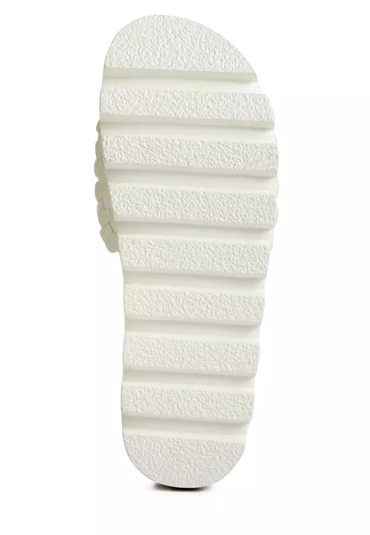 Platform Slides with Woven Textured Straps in White