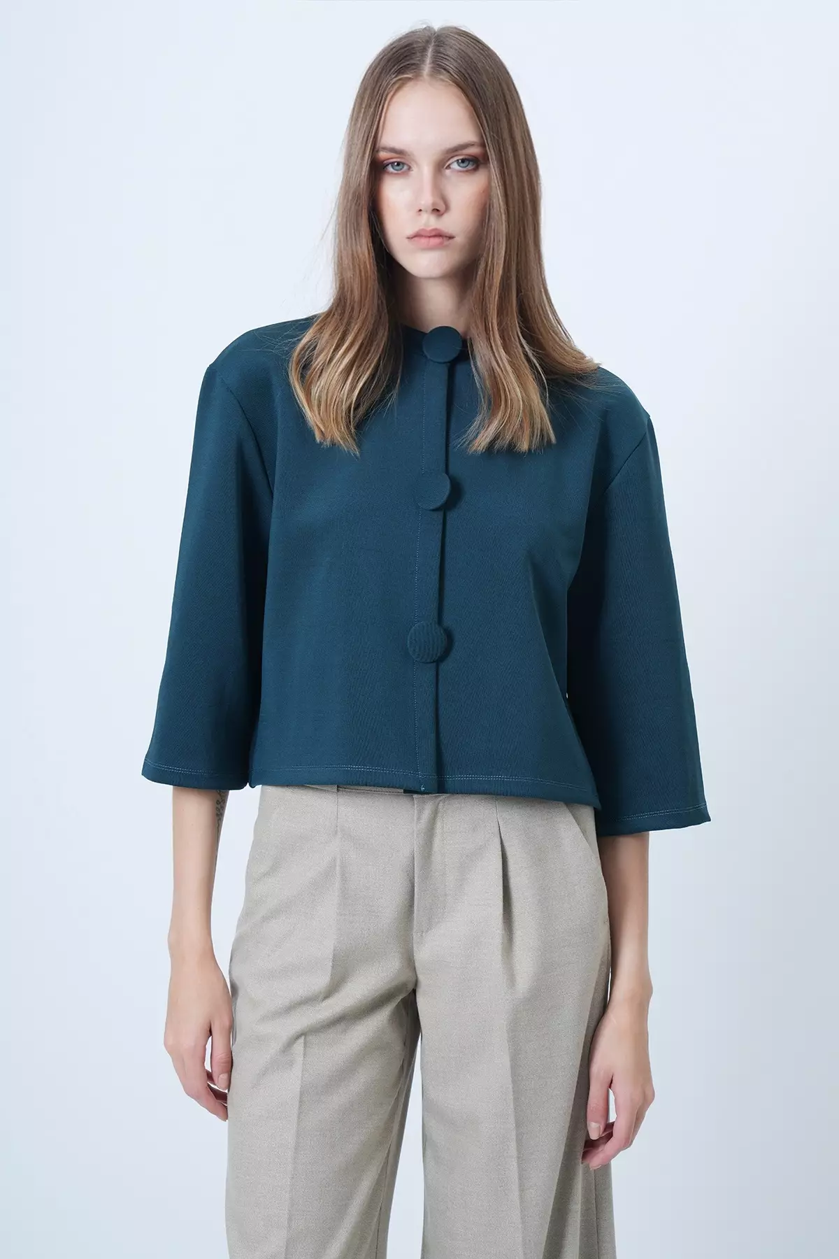 Green Coated Buttoned Crew Neck Custom Design Crop Jacket Alc-X14647