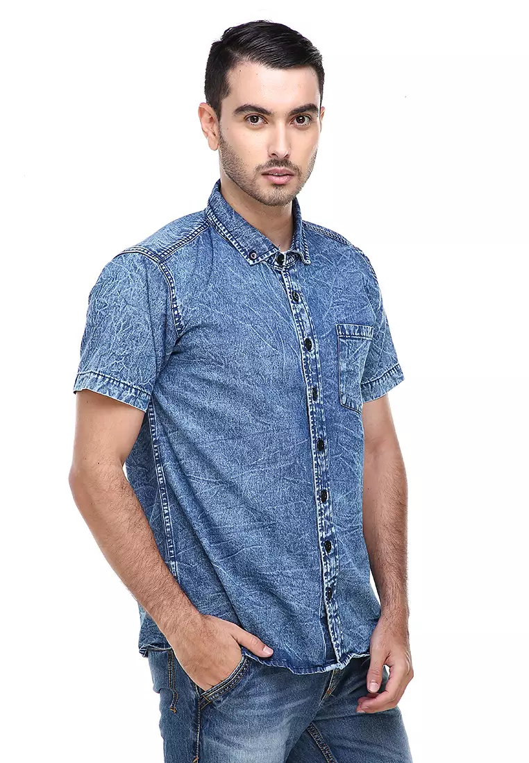 Dwan Shirts Kemeja Jeans Sandwash Kasual Model Slim Fit Material Denim ORIGINAL - Light Blue