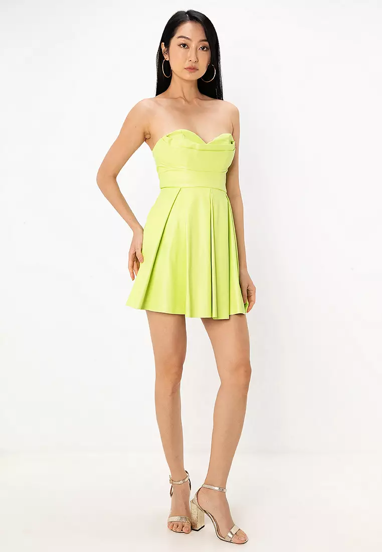 Corset Pu Bandeau Mini Dress With Pleat Skirt