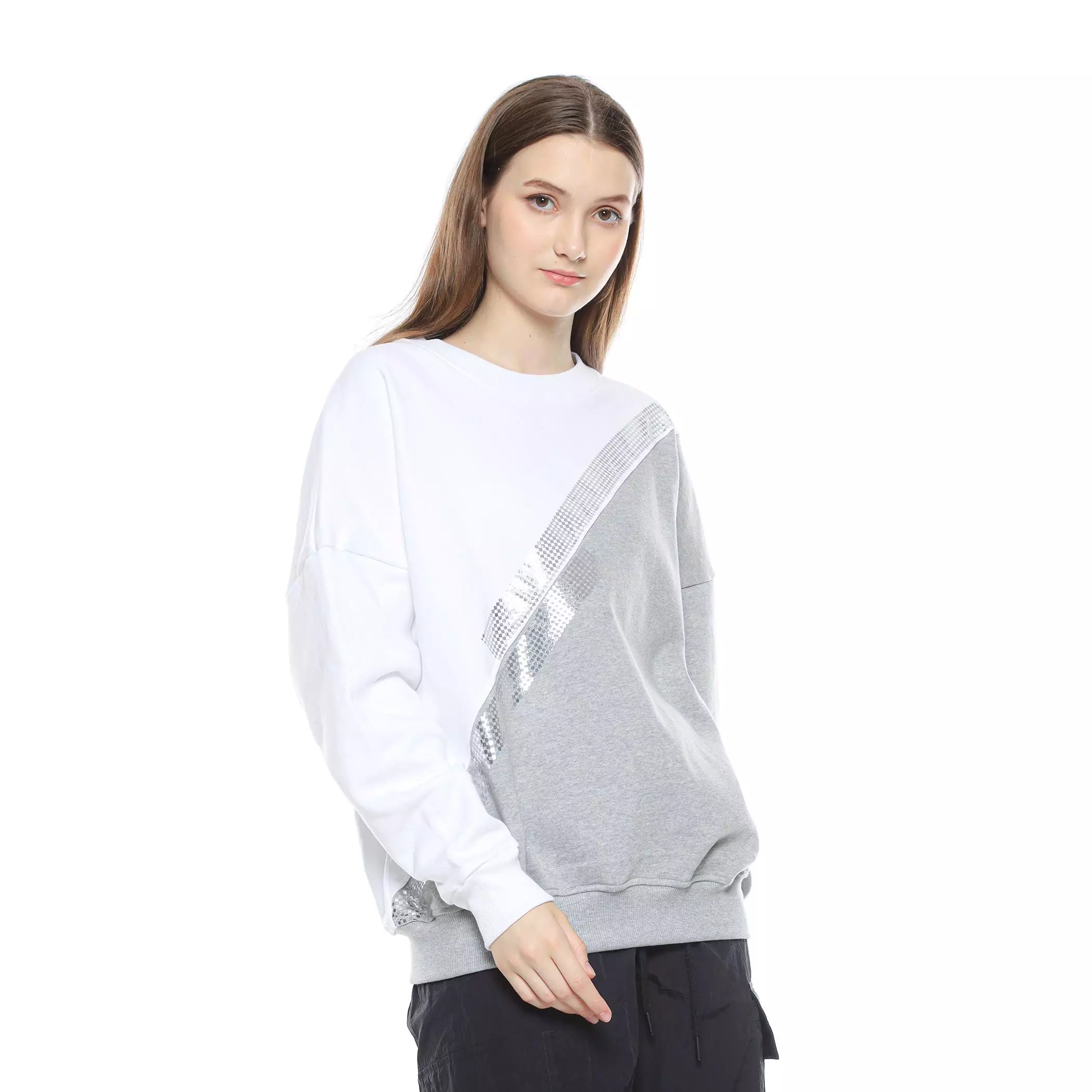 Enough For Today - Sweater Crewneck Oversize Wanita Boxy Kombinasi Warna Silang Warna Putih Abu Misty Sablon Foil Motif Diamonds