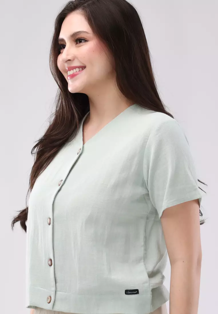 Crumpled Cotton Linen Short Sleeves Blouse