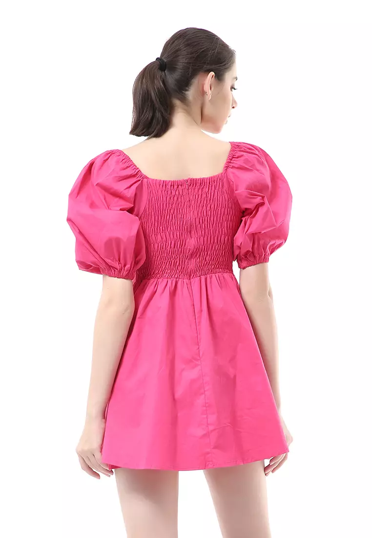 Rachel Dress Wanita Ballerina Pluffy Baloon Sleeve Simple Elegant Material Cotton ORIGINAL - Shocking Pink